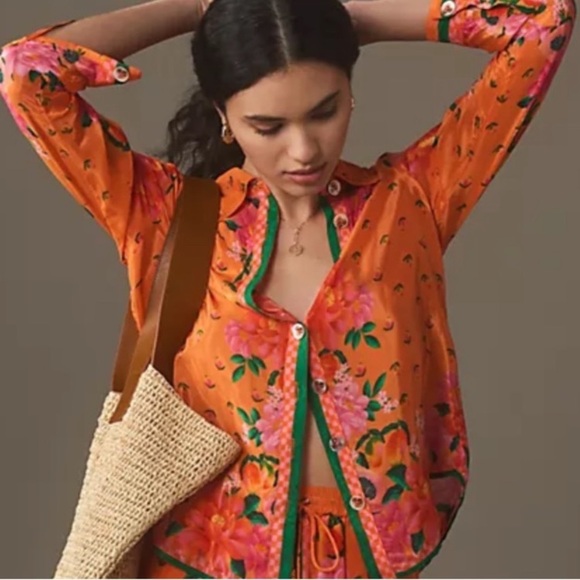 NEW Farm Rio Fruit Garden Scarf Long Sleeve Button Down Shirt women’s size XL - Picture 2 of 15